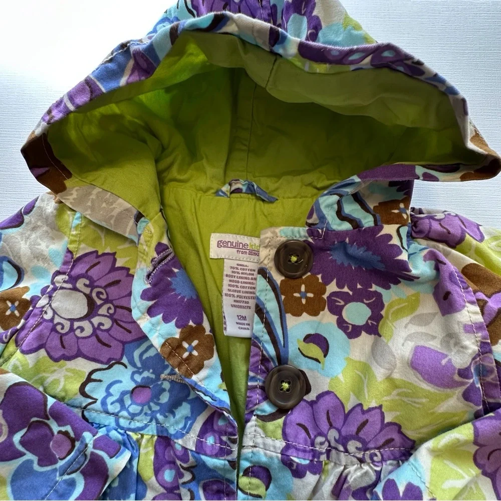 Oshkosh purple green floral print hooded jacket baby girl 12 mo button closure‎